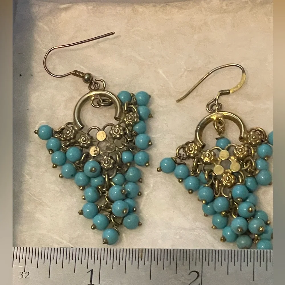 Vintage Peacock Blue and Silver Chandelier French Wore Earrings